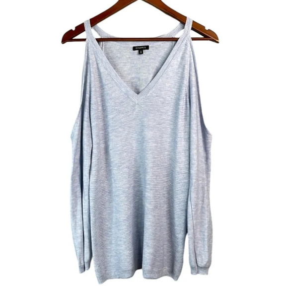 DYNAMITE Cold Shoulder Cutout Sweater Baby Blue Ribbed V-Neck Lightweight Size M - Picture 2 of 11